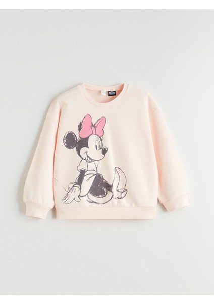 Yeni Sezon Bisiklet Yaka Minnie Mouse Baskılı Kız Çocuk Sweatshirt