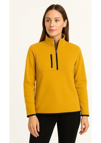 Kadın Polar Kazak – Dik Yaka, Yarım Fermuarlı, Fermuarlı Göğüs Cepli, Siyah Biyeli, Kışlık Rahat Regular Fit Günlük Model - Sarı