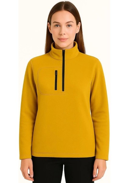 Kadın Polar Kazak – Dik Yaka, Yarım Fermuarlı, Fermuarlı Göğüs Cepli, Siyah Biyeli, Kışlık Rahat Regular Fit Günlük Model - Sarı fiyatları