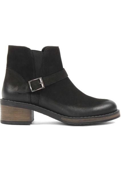 Kadın Siyah Tokalı Kalın Topuklu Nubuk Deri Bot