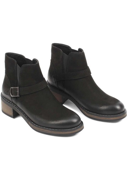 Kadın Siyah Tokalı Kalın Topuklu Nubuk Deri Bot