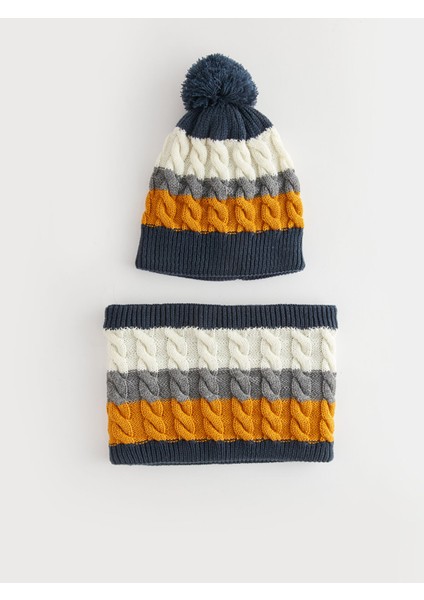 Yeni Sezon Renk Bloklu Ponponlu Erkek Çocuk Bere ve Boyunluk