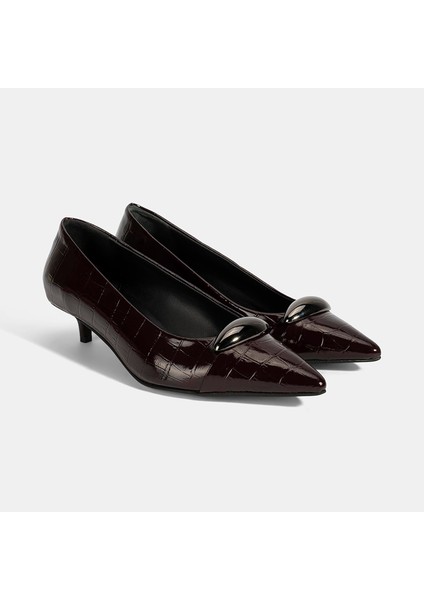 Kadın Bordo Kroko Baskılı Deri Topuklu Ayakkabı