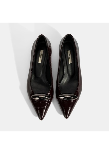 Kadın Bordo Kroko Baskılı Deri Topuklu Ayakkabı