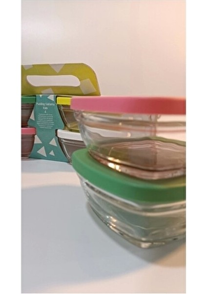 4'lü Saklama Kabı Cam Malzeme ile 310 cc Kapasite Renkli Kapaklı Tasarım indirimleri