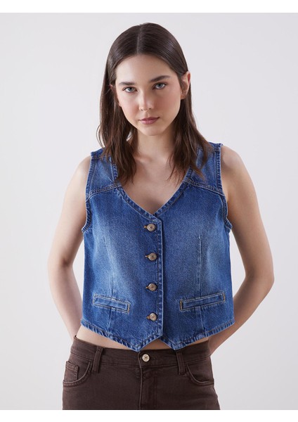 Yeni Sezon V Yaka Kadın Jean Yelek