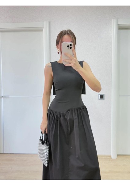 Krep Arkası Kanat Arka Ön Pens Detaylı Uzun Kadın Elbise - Siyah