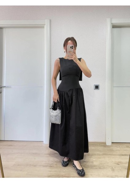 Krep Arkası Kanat Arka Ön Pens Detaylı Uzun Kadın Elbise - Siyah fiyatları