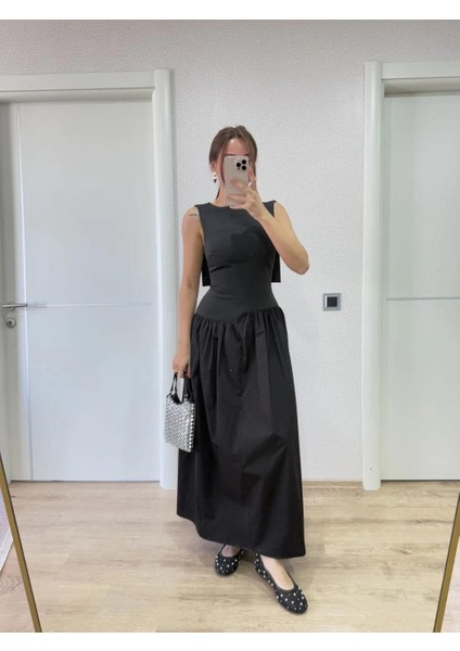 Krep Arkası Kanat Arka Ön Pens Detaylı Uzun Kadın Elbise - Siyah modelleri