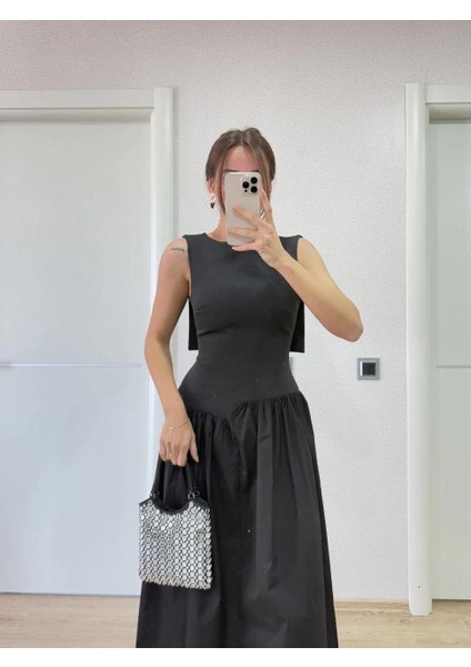 Krep Arkası Kanat Arka Ön Pens Detaylı Uzun Kadın Elbise - Siyah