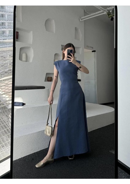 Keten Yandan Yırtmaçlı Uzun Elbise Sıfır Kol Elbise - Mavi modelleri