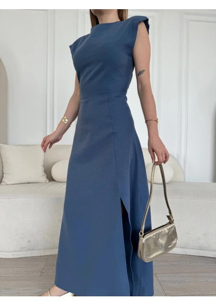 Keten Yandan Yırtmaçlı Uzun Elbise Sıfır Kol Elbise - Mavi fırsatları