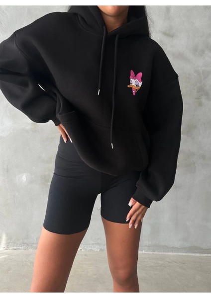 Yzlal 3 Iplik Şardonlu Oversize Compact Ördek Baskılı Sweat Siyah (Beden: S)