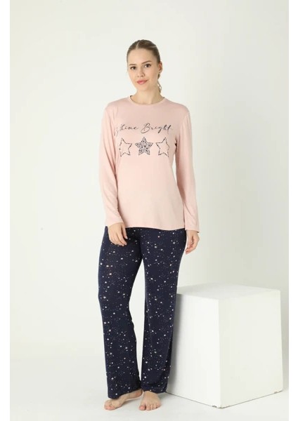 Kadın Viskon Bisiklet Yaka Önü Baskılı Uzunkol Pijama Takım C840-900