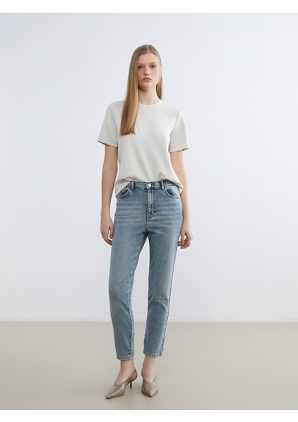 Yeni Sezon Beli Lastikli Mom Fit Kadın Jean Pantolon