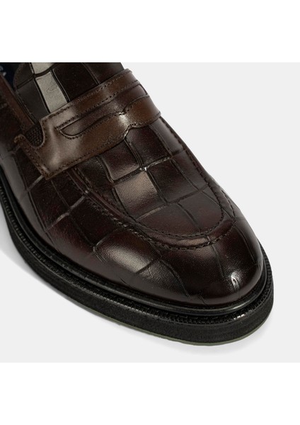 Erkek Kahve Kroko Baskılı Deri Loafer