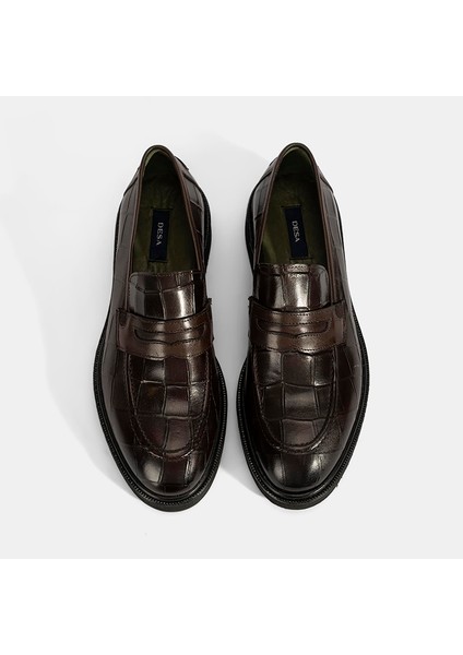 Erkek Kahve Kroko Baskılı Deri Loafer
