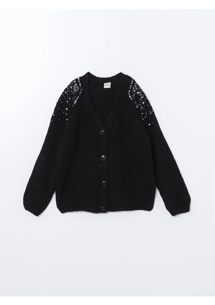 Yeni Sezon V Yaka Pul Işlemeli Kız Çocuk Triko Hırka