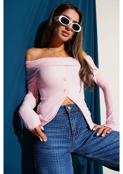 Yzlal Madonna Yaka Düğmeli Bluz Pembe T4329 (Beden: L)