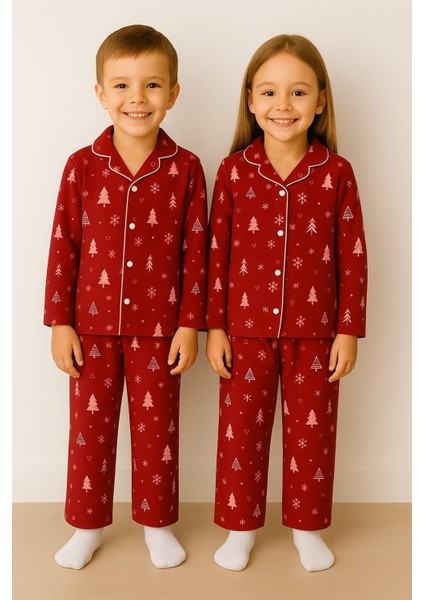 Yılbaşı Desenli Kırmızı Renk Unisex Çocuk Pijama Takımı