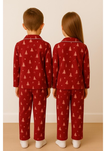 Yılbaşı Desenli Kırmızı Renk Unisex Çocuk Pijama Takımı fiyatları