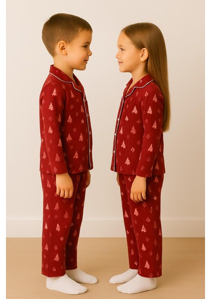 Yılbaşı Desenli Kırmızı Renk Unisex Çocuk Pijama Takımı modelleri