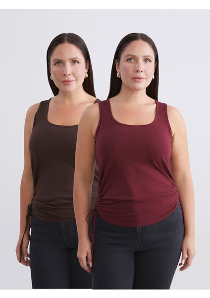 Yeni Sezon Büyük Beden Kare Yaka Büzgülü Kadın Atlet 2'li