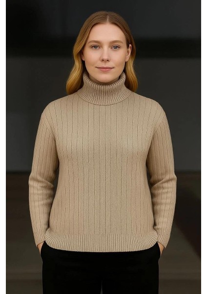 Kadın Balıkcı Yaka Bağazlı Triko Kazak Pamuklu Kalın Fitilli Dokuma - Bej modelleri