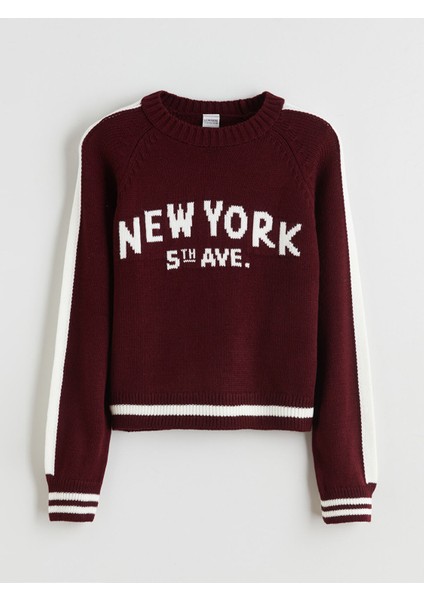 Yeni Sezon Bisiklet Yaka New York Desenli Kız Çocuk Triko Kazak