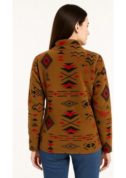 Kadın Yarım Fermuarlı Desenli Polar Sweat Tribal Etnik Desen Yakalı, Uzun Kollu, Oversize Rahat Kalıp - Kahverengi modelleri