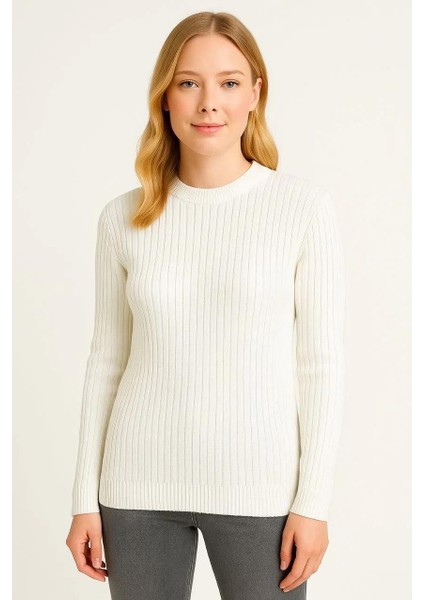 Kadın Bisiklet Yuvarlak Yaka Triko Kazak Pamuklu Kalın Fitilli Dokuma, Regular Fit Uzun Kollu Kışlık Model - Beyaz fiyatları