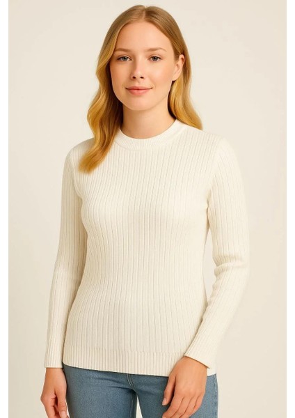 Kadın Bisiklet Yuvarlak Yaka Triko Kazak Pamuklu Kalın Fitilli Dokuma, Regular Fit Uzun Kollu Kışlık Model - Beyaz modelleri