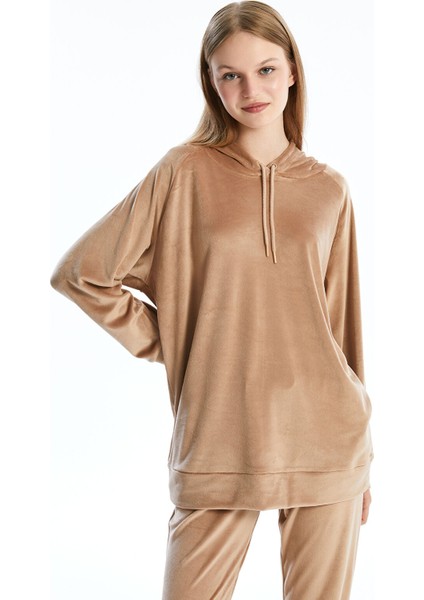Yeni Sezon Kapüşonlu Kadife Kadın Pijama Üst