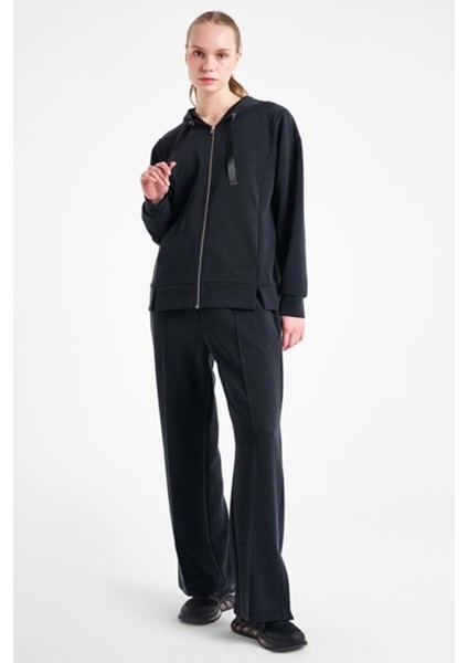 25N-2103 Kadın Fermuarlı Kapüşonlu Sweatshirt - Siyah