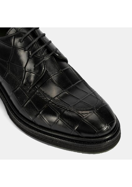 Erkek Siyah Bağcıklı Kroko Baskılı Deri Klasik Ayakkabı