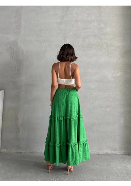 Yzlal Fırfırlı Brodeli Astarlı Uzun Etek Yeşil S255047 (Beden: M) modelleri