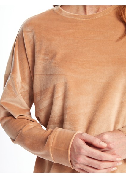 Yeni Sezon Bisiklet Yaka Düz Uzun Kollu Kadın Pijama Üst modelleri