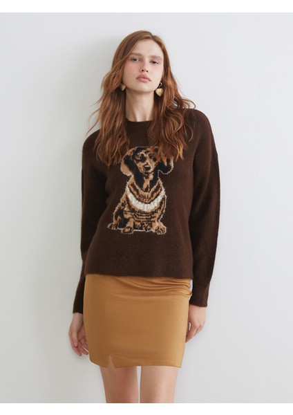 Yeni Sezon Köpek Desenli Oversize Kadın Triko Kazak