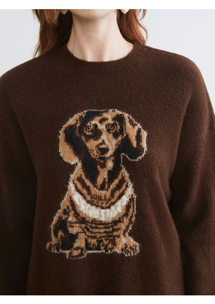 Yeni Sezon Köpek Desenli Oversize Kadın Triko Kazak modelleri