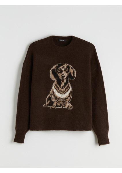 Yeni Sezon Köpek Desenli Oversize Kadın Triko Kazak indirimleri