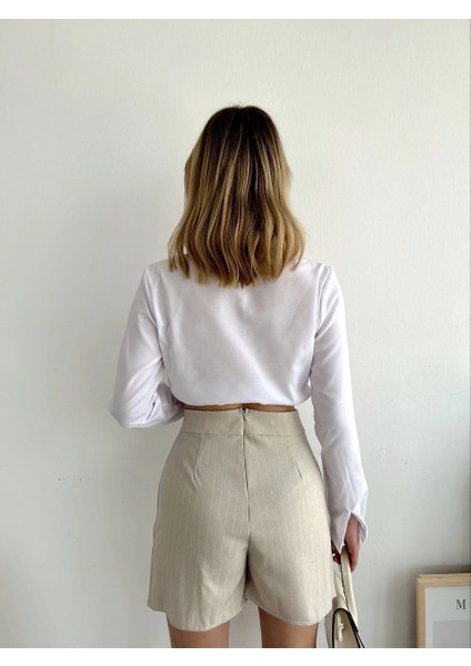 Yzlal Zincir Detaylı Çizgili Şort Etek Bej (Beden: S) modelleri