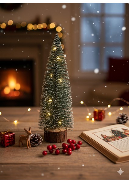 Işıklı Yılbaşı Çam Ağacı Masaüstü Ahşap Kütük Üstüne Karlı Ağaç 27CM