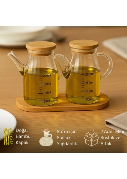 Mini Yağdanlık ve Sosluk Seti, Bambu Stantlı ve Vakumlu Bambu Kapaklı, 2'li 200 ml Salata Seti
