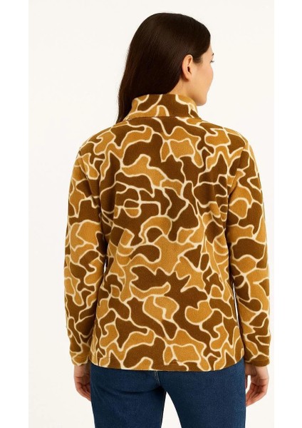 Kadın Yarım Fermuarlı Desenli Polar Sweat Yakalı, Uzun Kollu, Oversize Rahat Kalıp - Kahverengi fiyatları