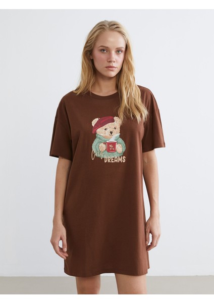 Yeni Sezon Bisiklet Yaka Ayı Baskılı Kadın Gecelik