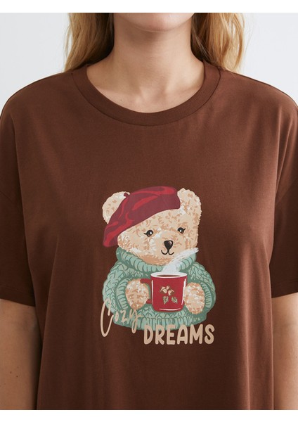 Yeni Sezon Bisiklet Yaka Ayı Baskılı Kadın Gecelik modelleri