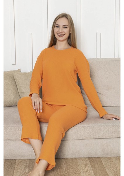 Pamuklu Kalın Kışlık Interlok Şeritli Uzun Kollu Örme Pijama Takımı
