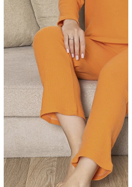 Pamuklu Kalın Kışlık Interlok Şeritli Uzun Kollu Örme Pijama Takımı modelleri