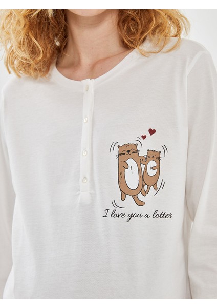 Yeni Sezon Bisiklet Yaka Baskılı Kadın Pijama Takımı modelleri