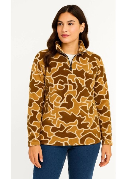 Kadın Yarım Fermuarlı Desenli Polar Sweat Yakalı, Uzun Kollu, Oversize Rahat Kalıp - Kahverengi modelleri